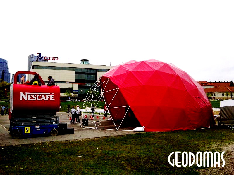 Geodesic Red Dome Ø11m for Event Prepared NESCAFE Brand, Vilnius, Lithuania